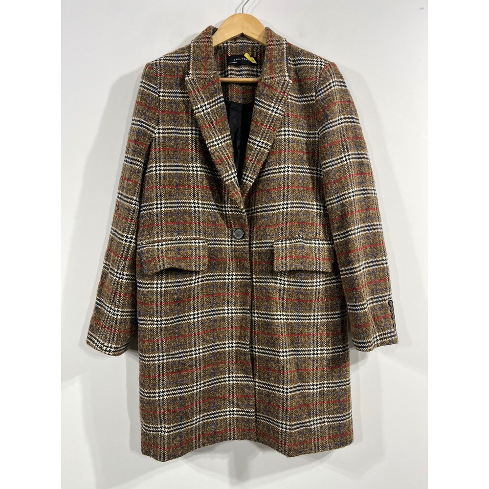 Zara Old Money Academia Indie Plaid Tweed Longline Coat Wool Alpaca Womens Large